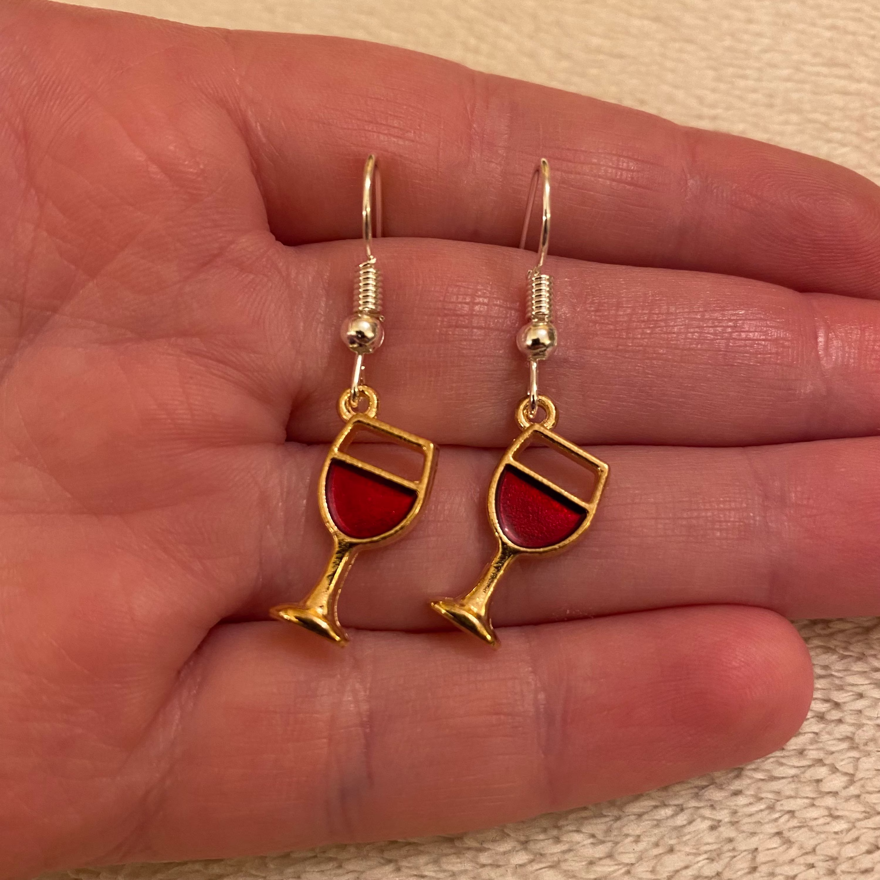Silver Dangle/ Drop Earrings With Red Wine Glass Charm, Earrings, Secret Santa Gift