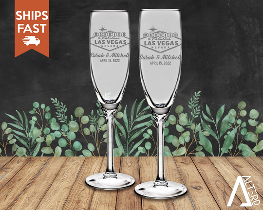Married in Vegas, Champagne Flutes Personalized, Wedding, Wedding Glasses Vegas Gift, Free Shipping