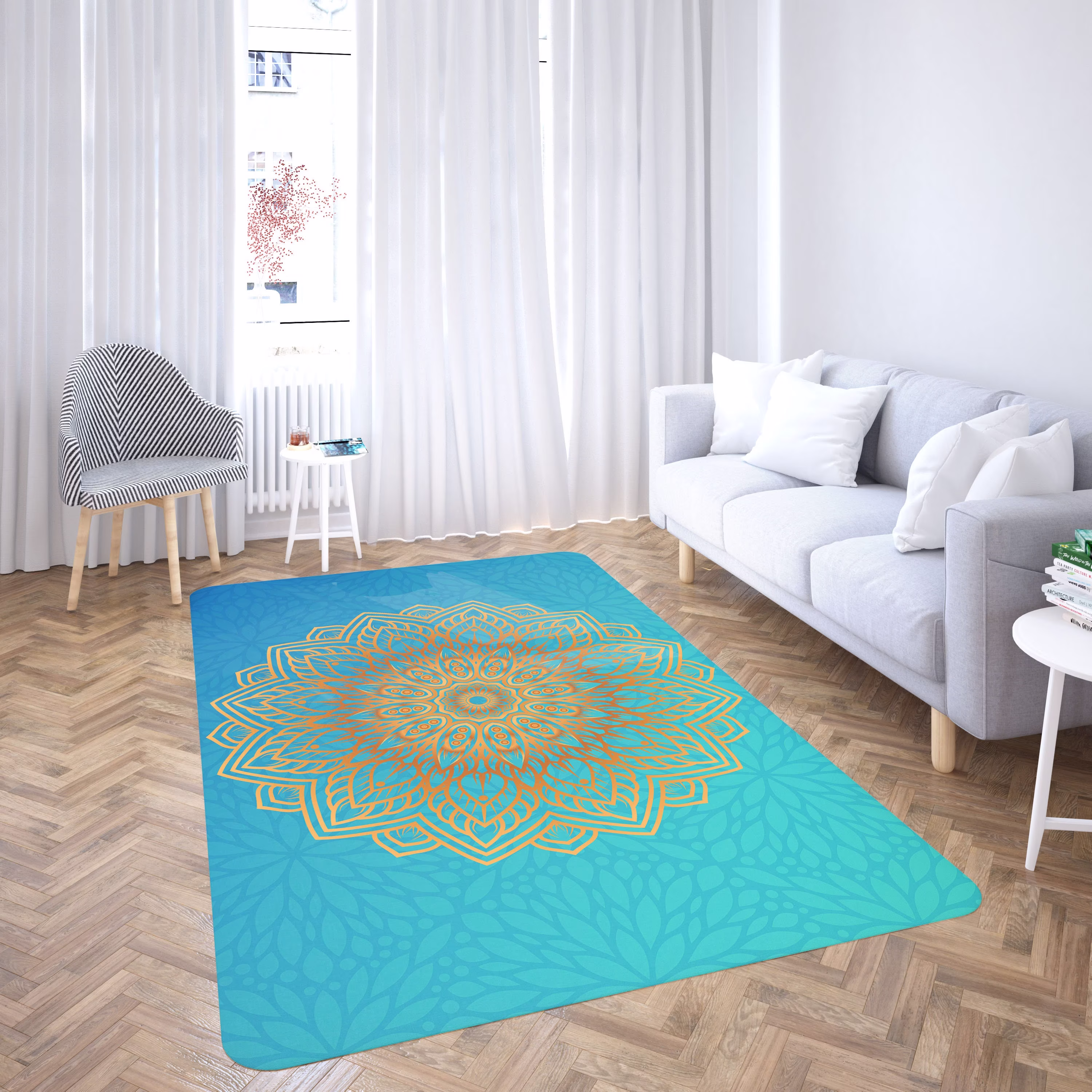 Golden Mandala On Blue Foldable Rectangular Floor Rug