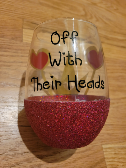 Off With Their Heads Queen Of Hearts Handmade Pee-A-Boo Glitter Stemless Wine Glass