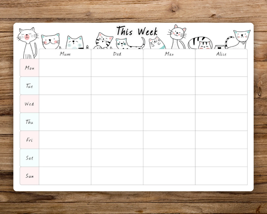 Personalised Cat Themed, Dry Wipe Whiteboard Weekly Family Planner Board. Calendar-Weekly Organiser-Meal Planner-Family Organiser