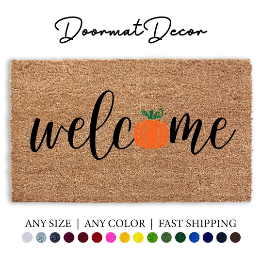 Welcome Pumpkin Doormat, Flocked Coir Outdoor Mat Rug, Personalized Custom Door Mat, Halloween Fall Autumn Thanksgiving Home Decor