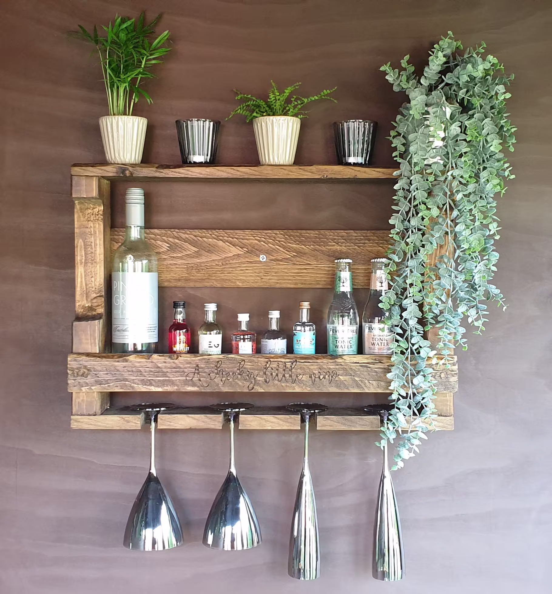 Engraved Reclaimed Timber Wine Rack/Gin Rack. Personalised Lettering. Options To Hold 2, 4 Or 6 Glasses. Custom Orders Welcome Too