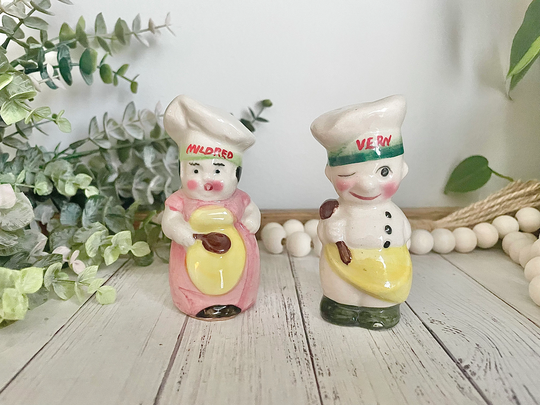 Vintage Baker Salt & Pepper Shakers | Hand-Painted Chefs Mildred & Vern Made in Japan