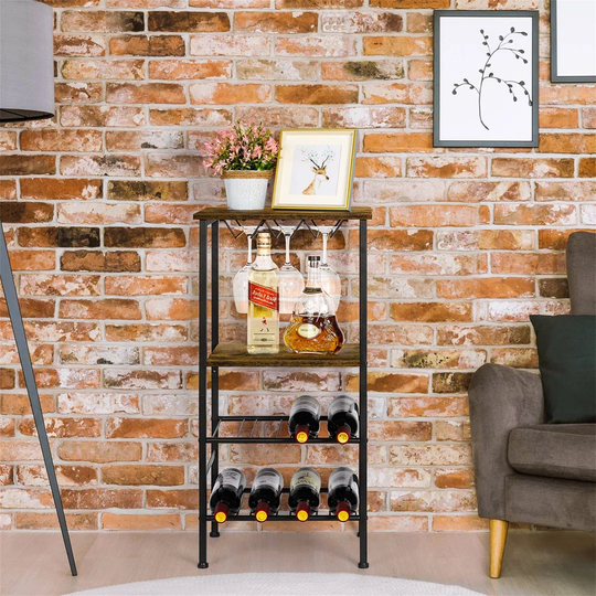 Concow 8 Bottle Floor Wine Bottle and Glass Rack in Black