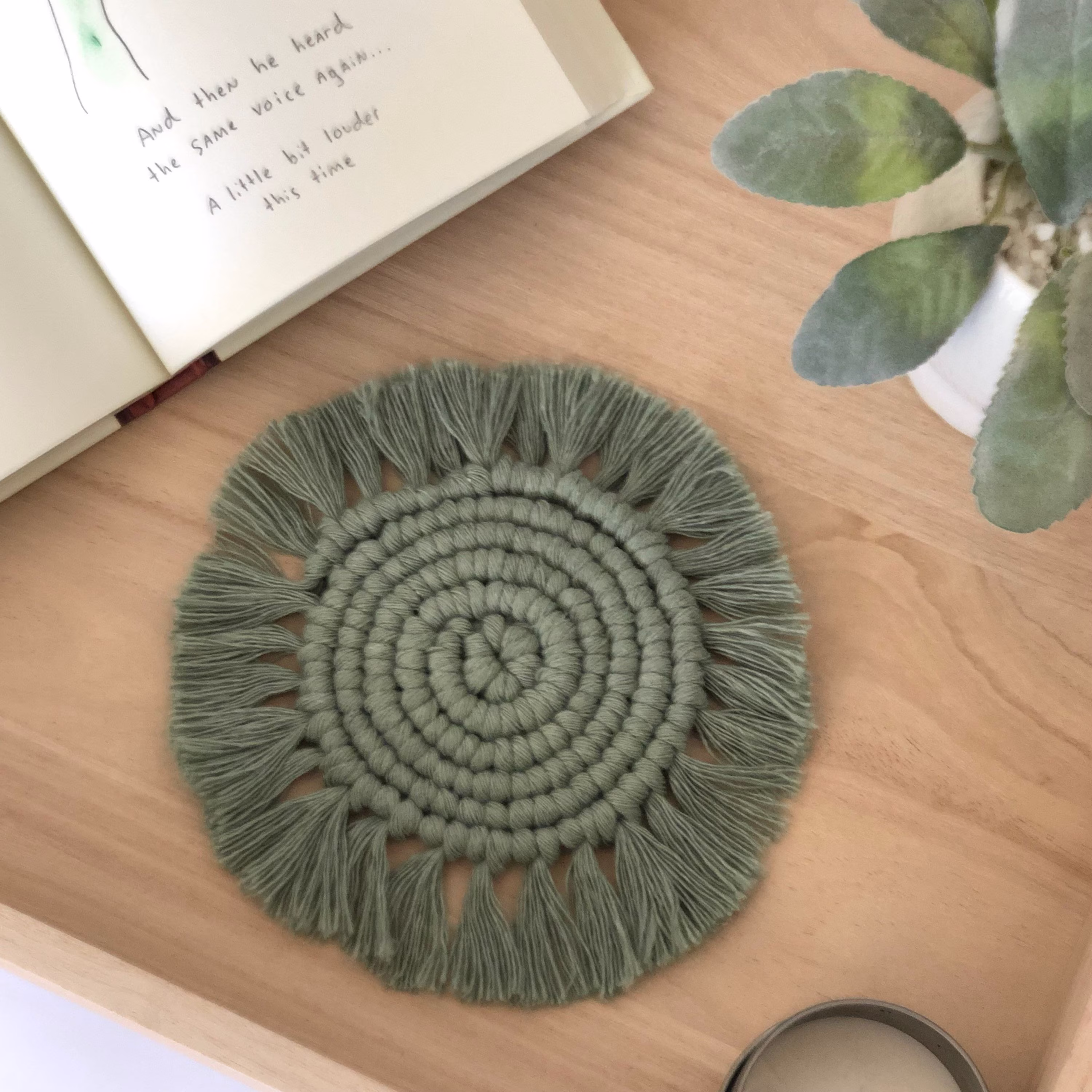 Handmade Macrame Coaster in Eucalyptus, Boho Table Decor, Drink Mat For Mugs, Candles, Plants, House Warming Gift, Fringe, Spiral, Green