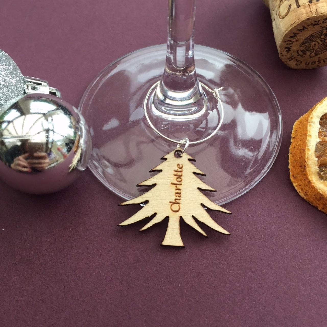 Personalised Christmas Tree Shaped Glass Charm, Wooden Wine Glass Charms, Name Place Settings, Wedding Table Setting, Family Party Planning