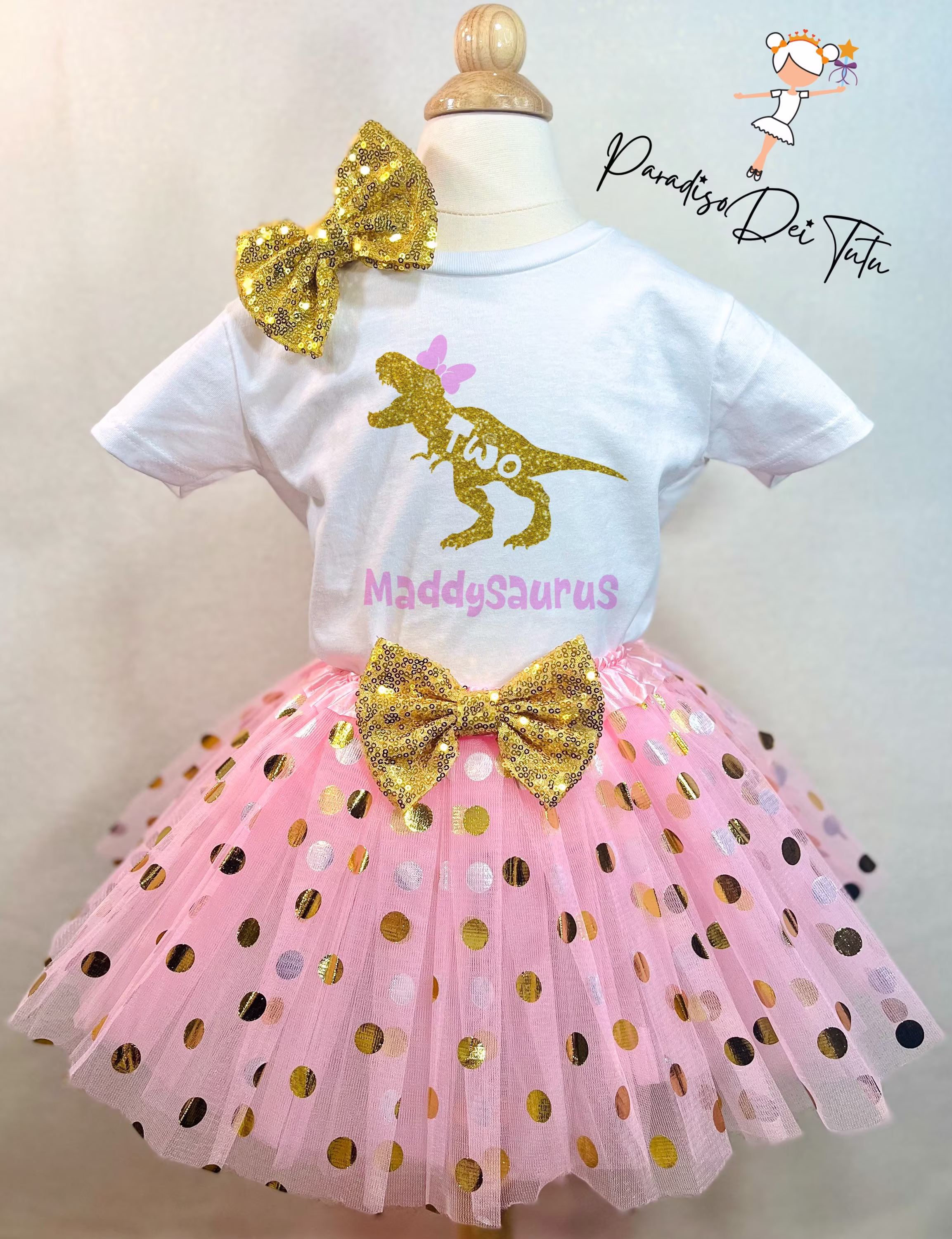 Dinosaur Birthday Outfit For Girls, Toddler Glitter Tutu Outfit, 2nd Pink | Personalized
