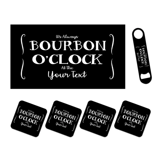 Personalised Bar Runner Mat, Matching Bottle Opener & 4 X Drinks Coasters Gift Set. Accessories For Home Bars - Bourbon Add Text