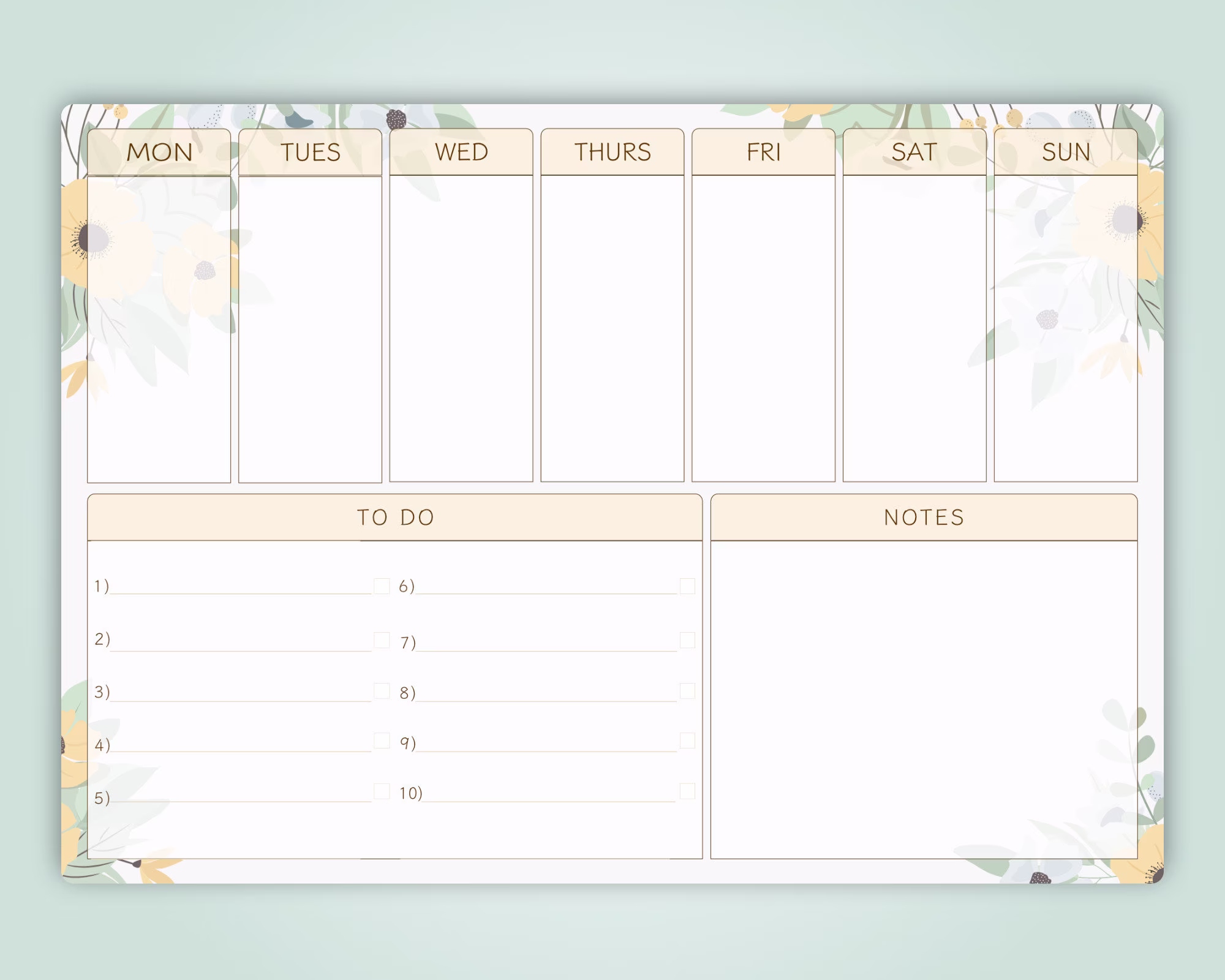 A3 Floral Dry Wipe Whiteboard Weekly Family Planner. To-Do List & Notes Section