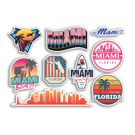 A5 Sticker Sheet Miami Landmarks Vinyl Stickers - Florida America Beach City Map Stamp Skyline Flag Travel Holiday Culture Aesthetic #78494