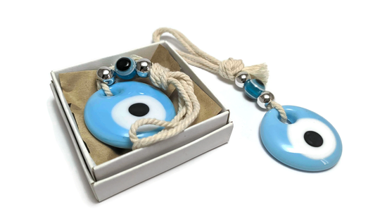 Turquoise Evil Eye Glass Charm, Wall Hanging - Greek Gift House Protection