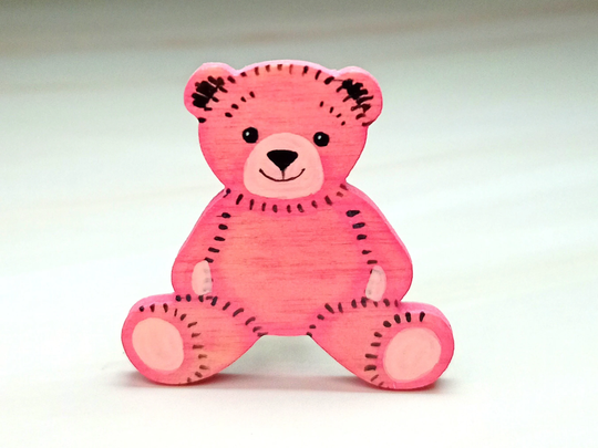 Pink Teddy Bear Pin, Little Girl Gift, Gifts, Cute Brooch, Handmade Gifts Uk, Wooden Badge, Hand Painted Gift
