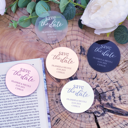 Save The Date Magnet Acrylic Wedding Invitations Modern Elegant Stationary Mirrored Circle Disc Card