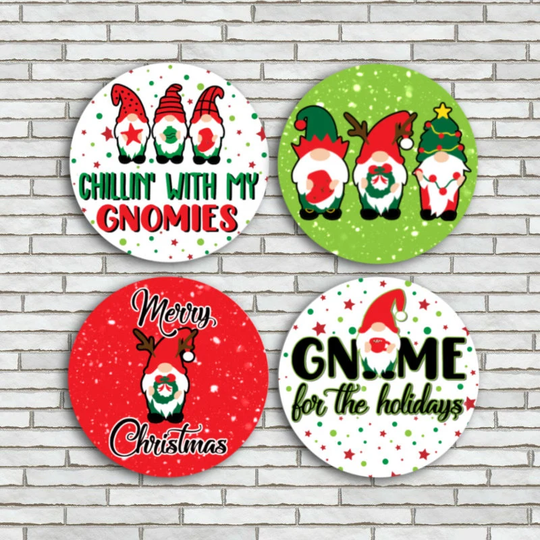 Christmas Gnomes Magnets Or Pinback Button Pins/Set Of 4 Large 2.25