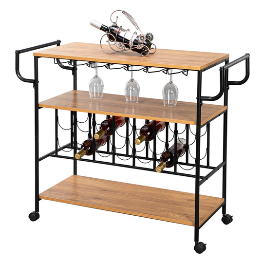 Wooden Wine Rack, Bar Cart Kitchen Rolling Storage Table Serving Trolley, Specialized Racks For Glasses & Bottles