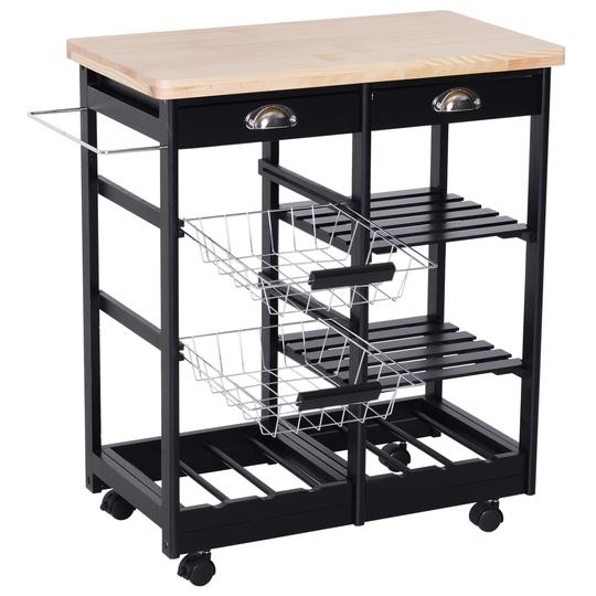 HOMCOM Wood/Steel Rolling Kitchen Island Trolley Serving Cart with Drawer Shelves Basket | Aosom Ireland