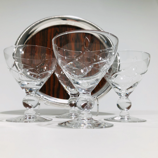 Ribbon Cut Glass Ball Stem Liquor Cocktail Glasses, Vintage Mid-Century Set Of 4, 1950S