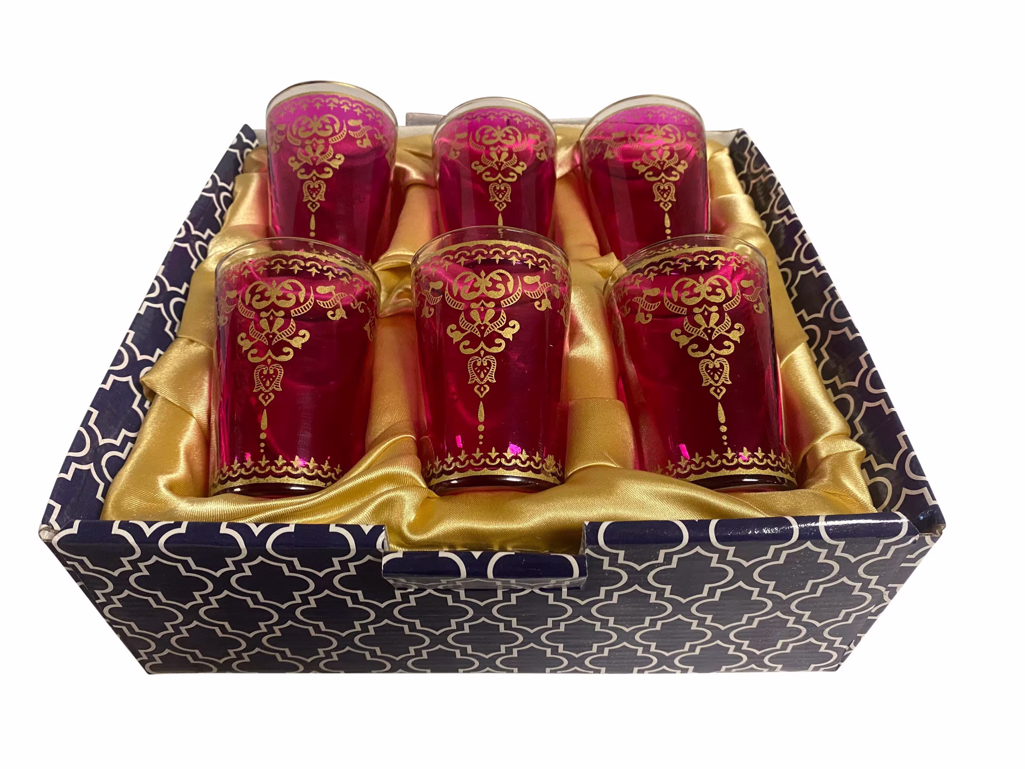 Marrakech Tea Time Moroccan Style Glasses Set Of 6 in A Giftbox Fuschia Pink Gold