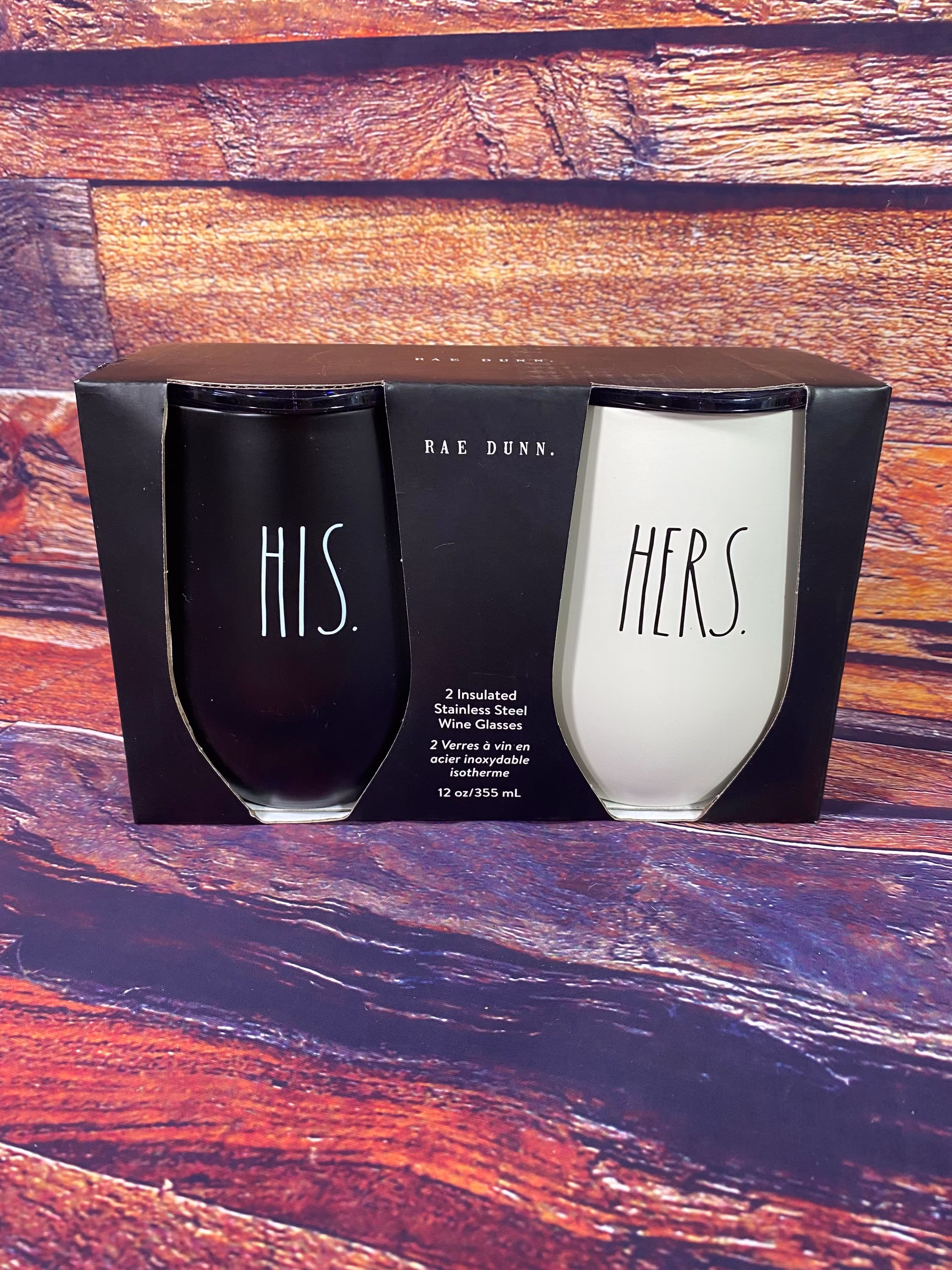 Rae Dunn His, Hers Insulated Stainless Steel Wine Glasses New