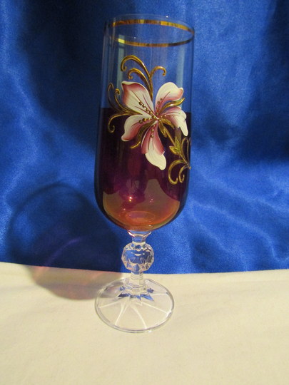 Vintage Hand Decorated Bohemian Cranberry Red Wine Glass, in Enameled Flowers & Gilding