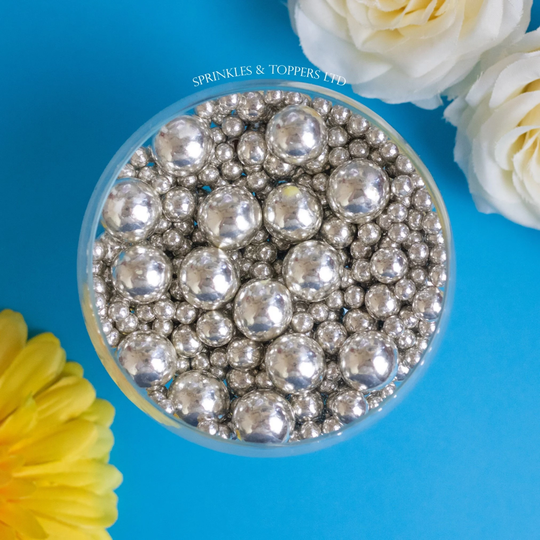 Metallic Silver Chocolate Balls Mix 5mm/10mm/20mm