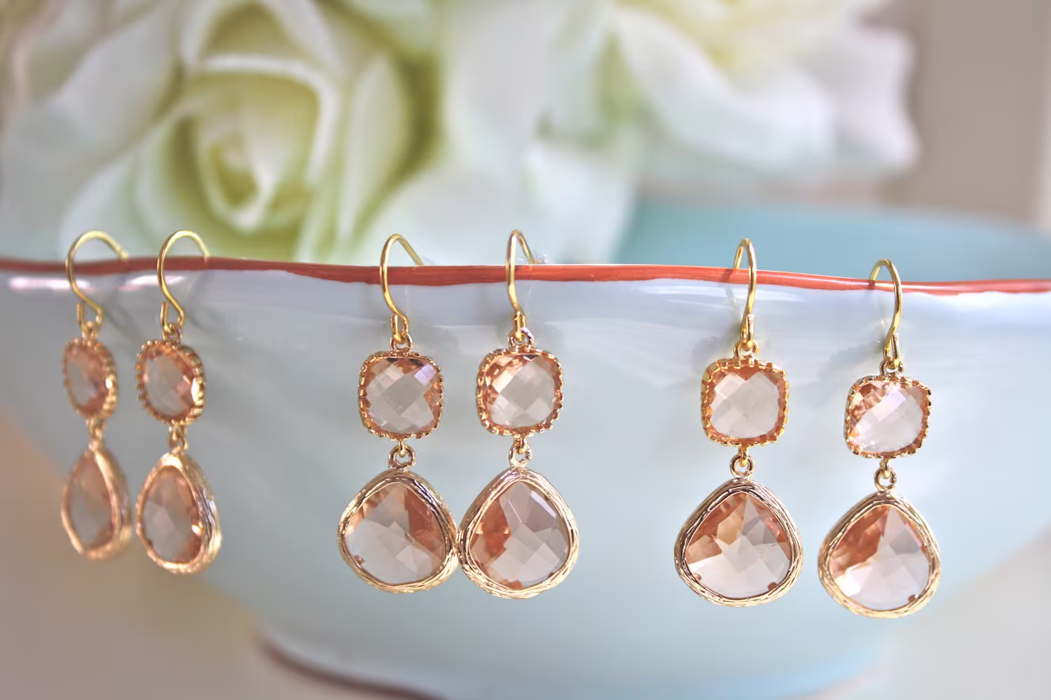 Bridesmaid Earrings, Bridesmaid Gift, Blush Earrings, Wedding Jewelry, Bridal Set Of 3