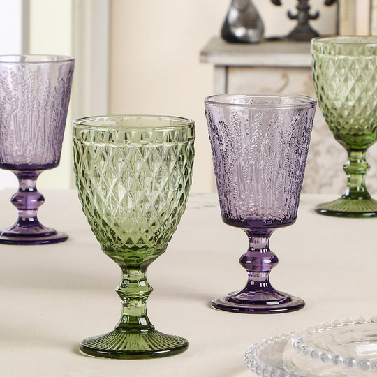 Set Of Four Embossed Wine Goblets 295Ml Vintage Style Lavender/Diamond Rippled Relief Purple & Green Glasses Dishwasher Safe Glassware