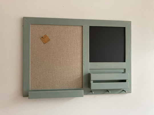 Large Handmade Fabric Pinboard, Chalkboard, Noticeboard, Hooks, Letter Holder, Shelf, Eco Friendly Paint, Fsc Wood, Sustainable Materials