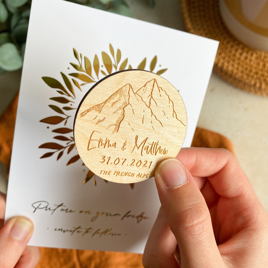 Mountain Wooden Save The Date Magnet, Personalised Wedding Date, Outdoor & Nature Theme, Boho Rustic Date
