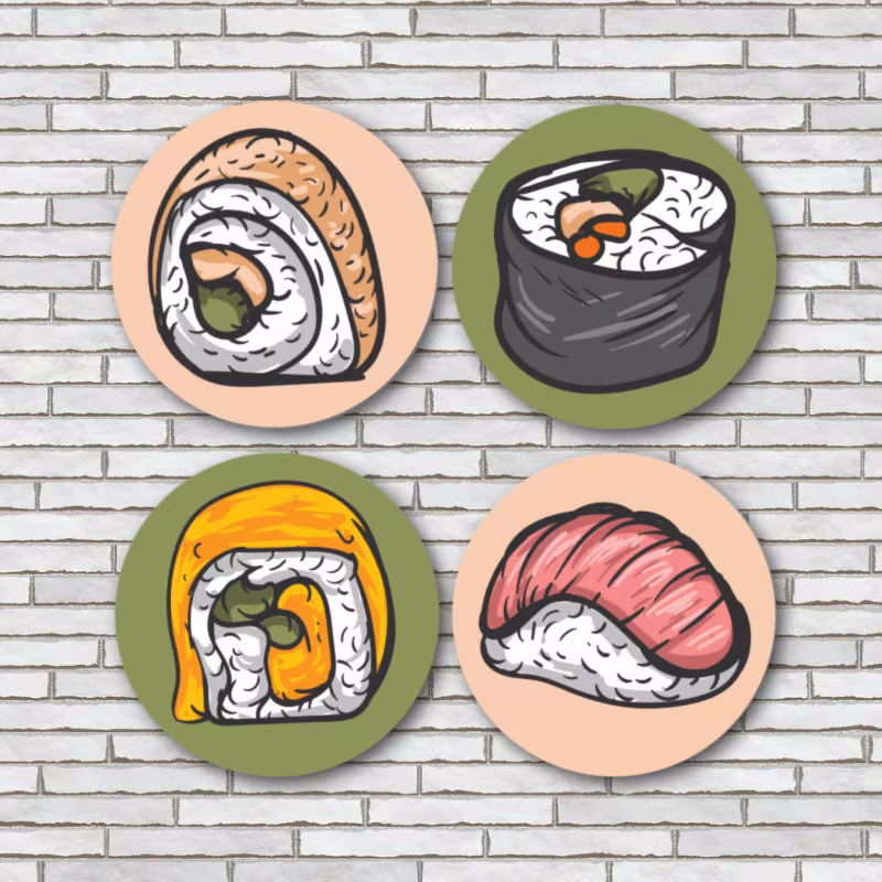 Sushi Fridge Magnet Set Or Pinback Button Pins Of 4 Large Size 2.25