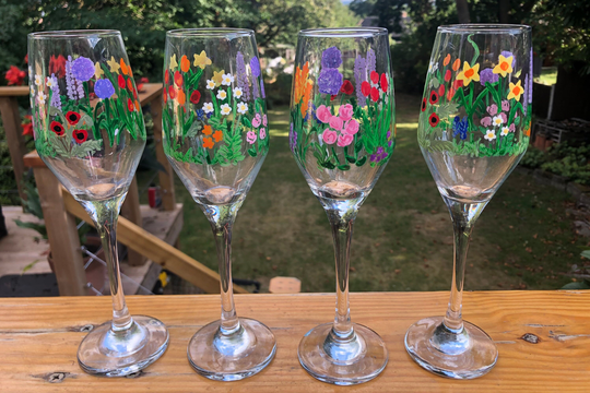 Hand Painted Champagne Flute - Flower Garden Design. Daisies, Poppies, Lupins Etc Can Be Personalised Wedding, Anniversary Gift