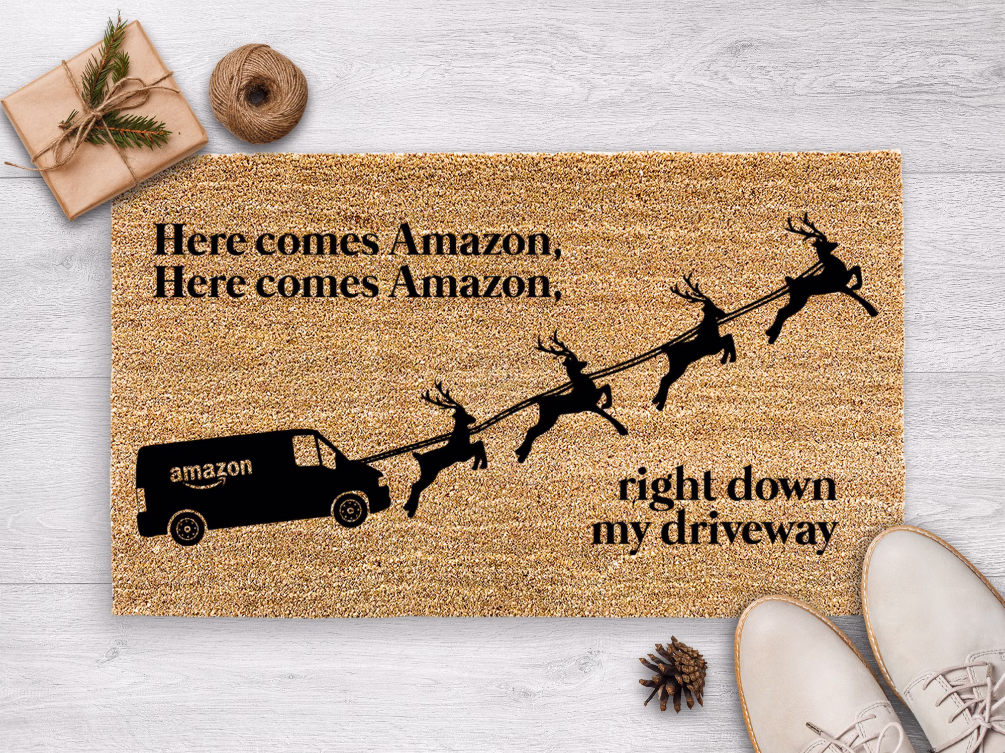 Here Comes Amazon - Funny Christmas Decorations Doormat Door Mat Holiday Decor Porch