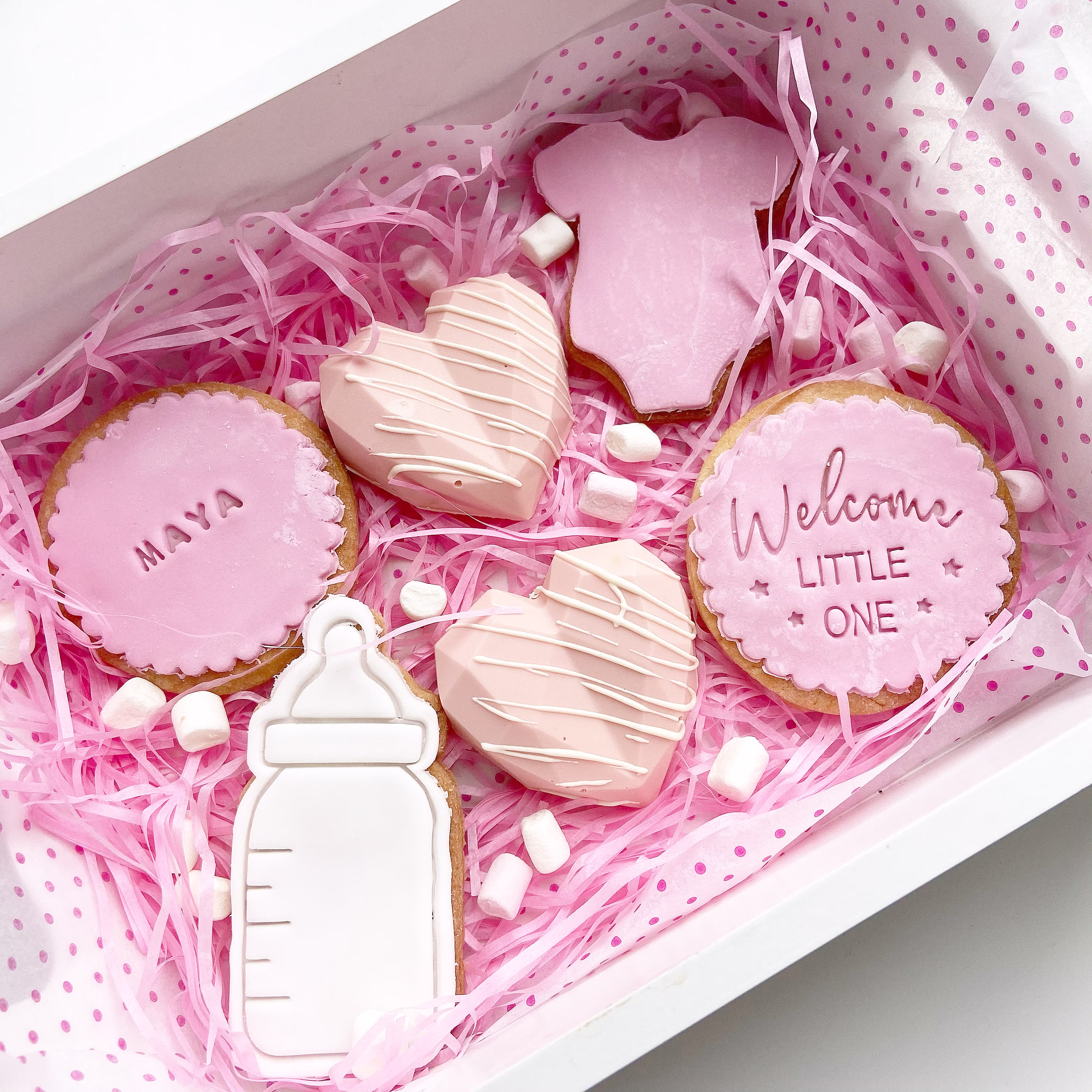 Personalised New Baby Girl Biscuit Chocolate Treat Box | It's A Biscuits Geo Hearts Gifts For Her Them Couples
