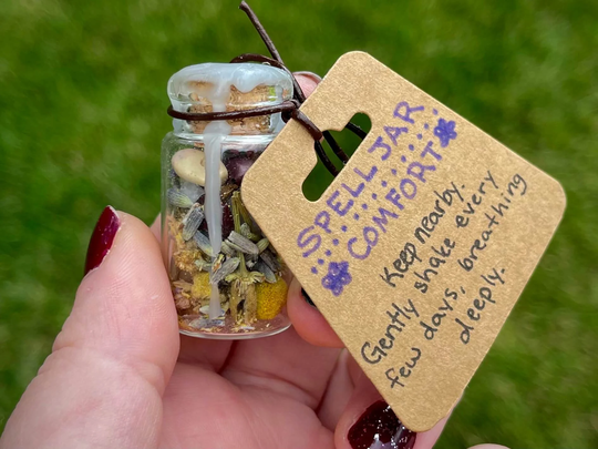 Comfort Spell Jar, Crystal Meditation Tool, Amethyst, Mookaite, Lavender, Chamomile, Calming Spell, Manifesting Mimic Moon