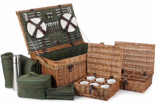 Personalisable 6 Person Deluxe Picnic Basket, Quintessential British Hamper For Six, Basket With Coordinated Accessories