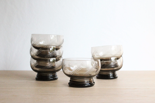 6 Vintage 50S Etched Champagne Coupe Glasses Or Sherbet Cups, Brown Smoked Glass, From A French Flea Market