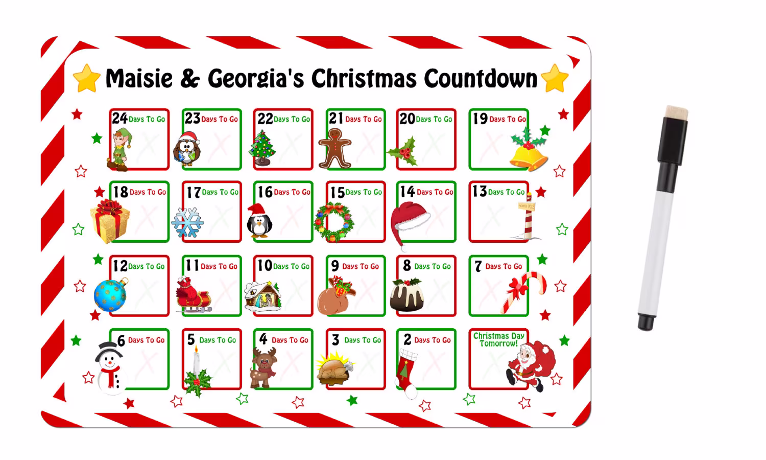 Personalised Christmas Countdown Advent Calendar Magnetic Metal Fridge Reusable Card Board With Whiteboard Eraser Pen A4 Size