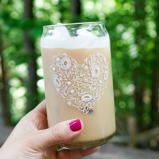 Floral Heart Beer Can Glass // Flower Glass/Plant Can Coffee Glass/ Dishwasher Safe