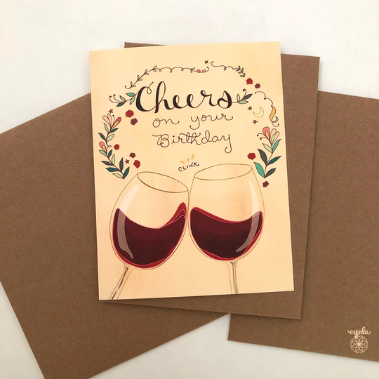 Red Wine Greeting Card - Wine Greeting Cards, Cynla Paper Goods, Stationery, Cheers Birthday Happy Glasses Clink