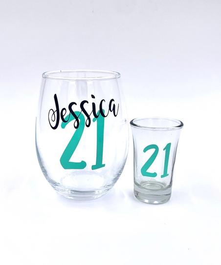 21st Birthday Wine & Shot Glass Gift Set, Birthday Gift, Gift For Birthday, Wine Glass, Shot Gifts Her