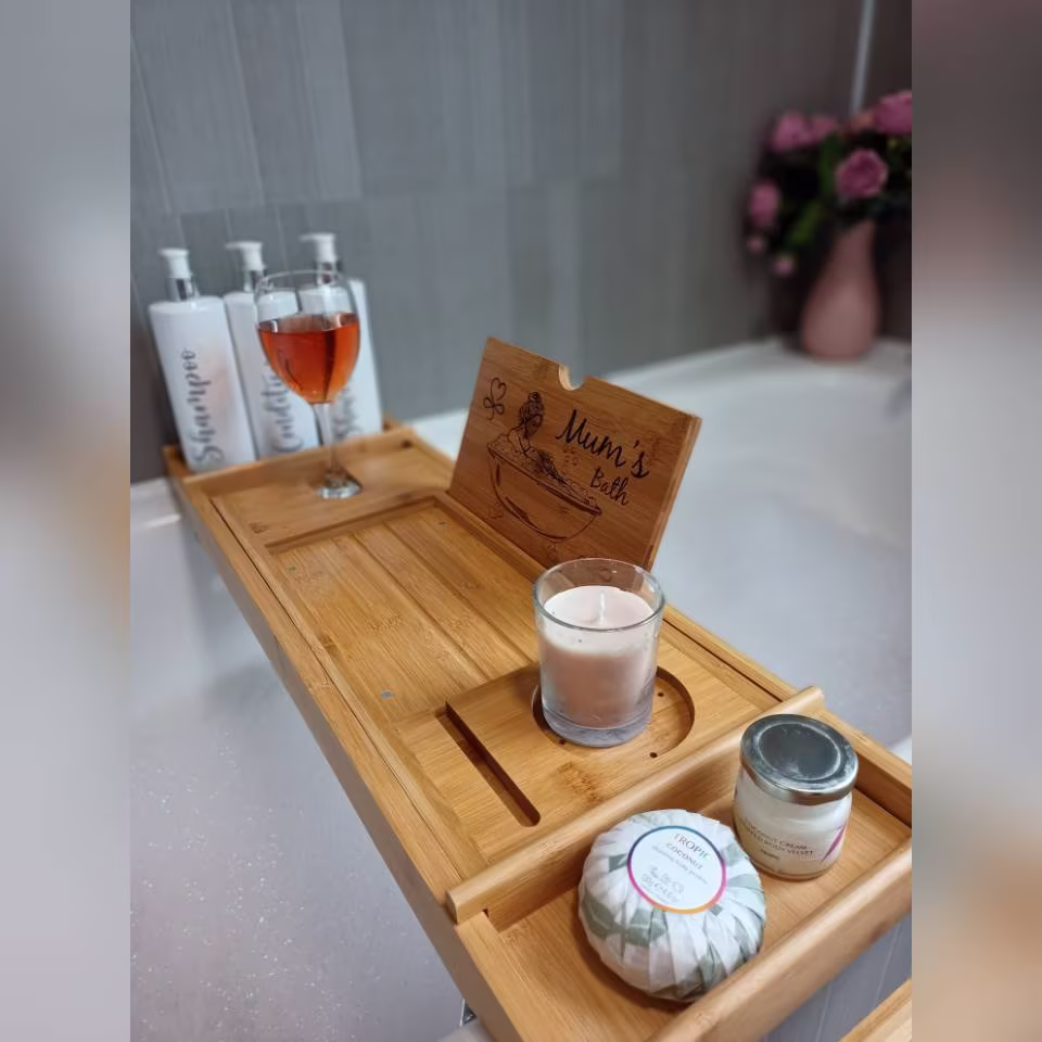 Personalized Gift - Eco Friendly Bamboo Extendable Bath Tray Self Care Bathroom Decor Fits Your Phone/Tablet I Pad