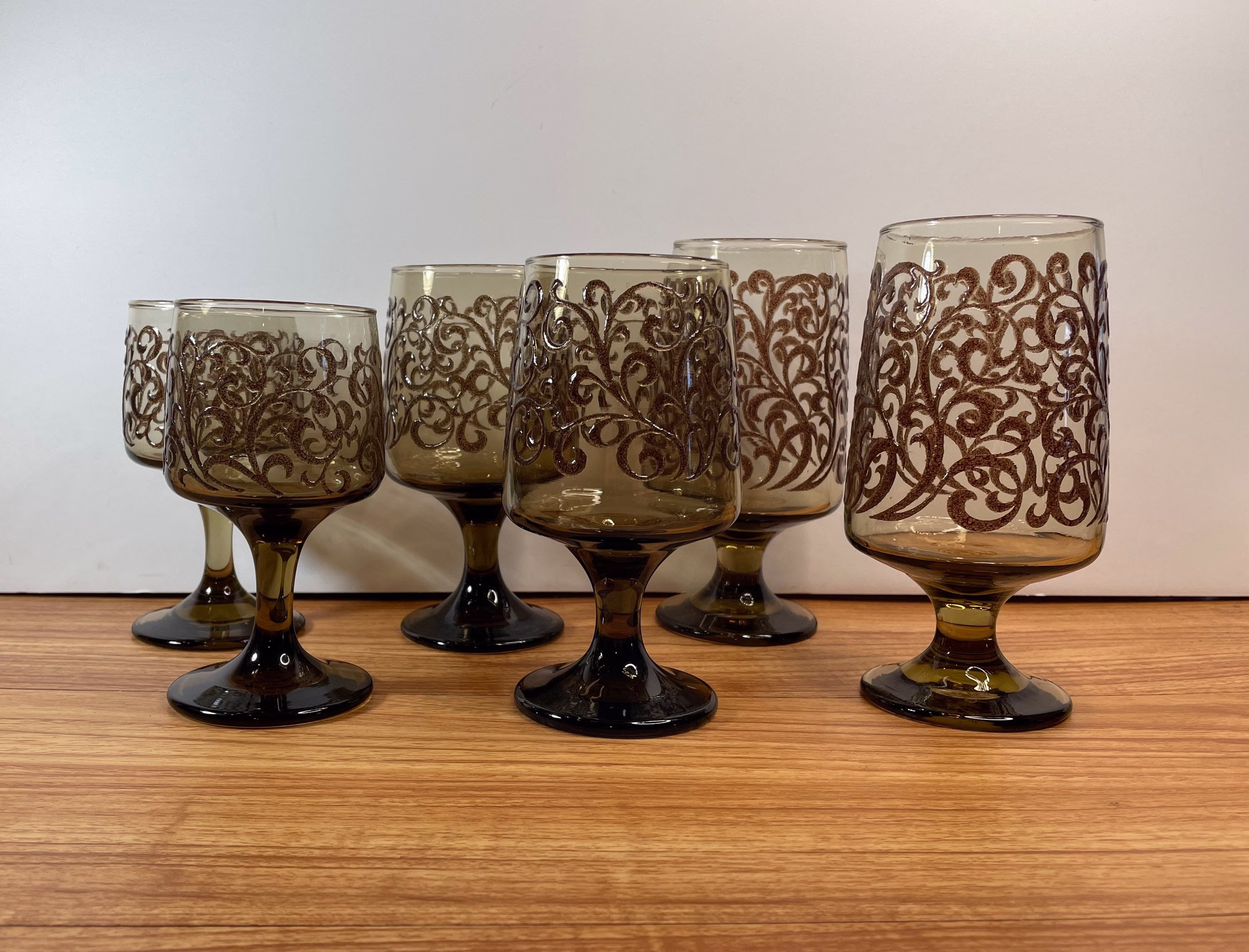 Set Of 6 Libbey Tawny Prada Brown Ice Tea Glass Water Wine - Vintage Mcm Glassware Raised Scrollwork Boho Glasses