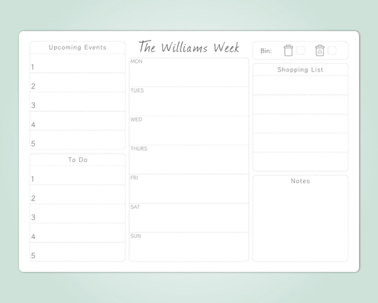 A3 Personalised Dry Wipe Whiteboard Weekly Family Organiser/Planner. Meal Planner, Weekly Fitness Planner