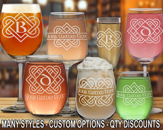 Gla Celtic Love Knot Wine Glasses | One Monogram with Free Customization