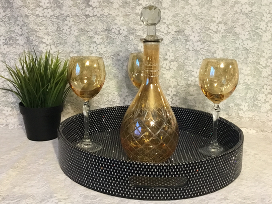 Reduced A Vintage Amber Cut Glass Decanter With 3 Matching Footed Glasses & Crystal Style Stopper Fantastic Barware Addition