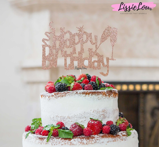 Happy Birthday Fun With Champagne Glasses Cake Topper Glitter Card