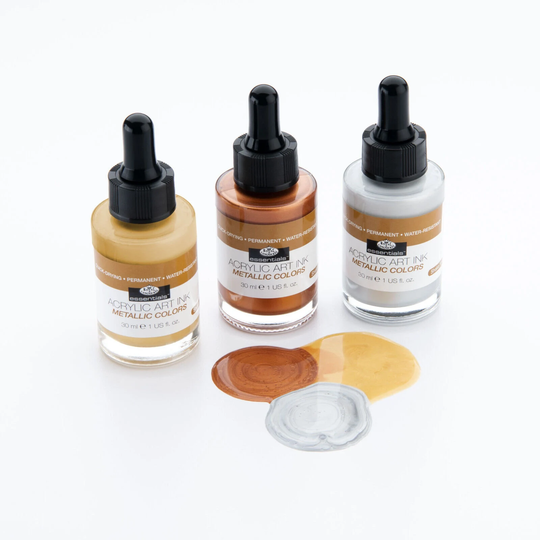 Set Of 3 Metallic Acrylic Artist Inks Permanent Gold Silver Bronze 30Ml Bottle