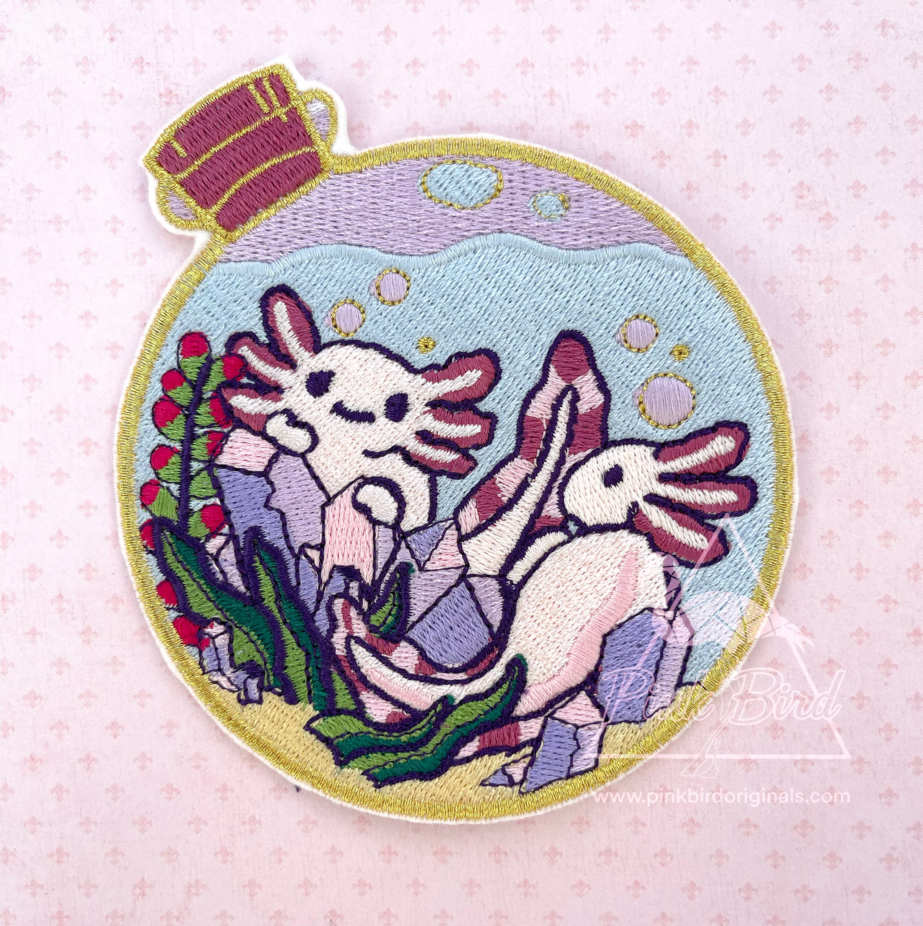 Cute Embroidery Patch Axolotl in A Bottle Iron On Embroidered