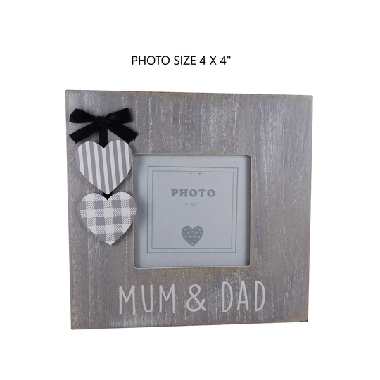 Mum & Dad Photo Frame Square With Grey White Hanging Hearts Colour Painted Letters Birthday Mothers Day Gift 4x4